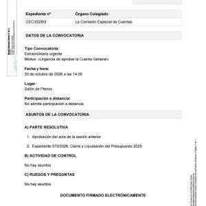 Convocatoria extraordinaria y urgente de la Comisión especial de cuentas